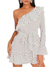 I Saw it First - Ladies White Polka Dot One Shoulder Tea Dress