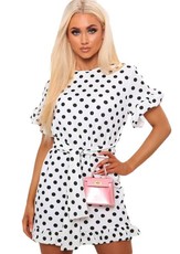 I Saw it First - Ladies White Polka Dot Tie Waist Frill Detail Dress