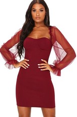 I Saw it First - Ladies Wine Milkmaid Organza Sleeve Dress