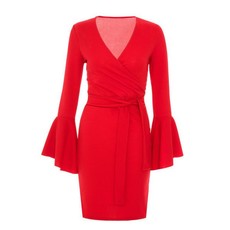 Quiz Crepe Wrap Front Frill Sleeve Dress - Red