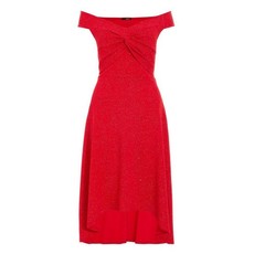 Quiz Ladies Bardot Knot Front Glitter Dip Hem Dress - Red