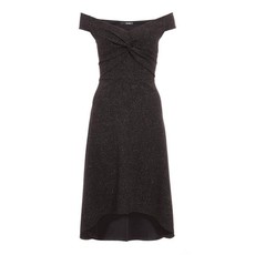 Quiz Ladies Black Bardot Knot Front Glitter Dip Hem Dress - Black