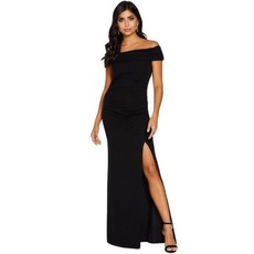 Quiz Ladies Black Bardot Ruched Split Maxi Dress