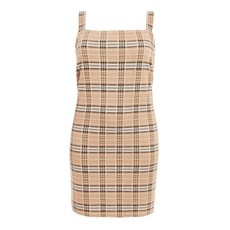 Quiz Ladies Curve Check Pinafore Dress - Stone