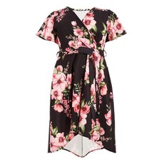 Quiz Ladies Curve Floral Dip Hem Dress - Black