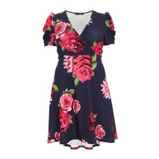 Quiz Ladies Curve Floral Dip Hem Dress - Navy