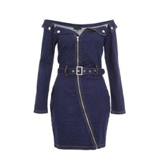 Quiz Ladies Denim Bardot Zip Front Dress - Blue