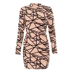 Quiz Ladies Geometric Long Sleeve Bodycon Dress - Black