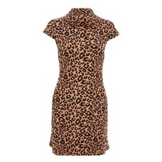 Quiz Ladies Knit Leopard Print Cowl Neck Tunic Dress - Brown