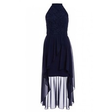 Quiz Ladies Navy Glitter Lace High Neck Dip Hem Dress - Navy