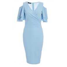 Quiz Ladies Pale Blue Wrap Front Cold Shoulder Dress - Blue