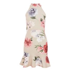 Quiz Ladies Petite Floral Print Frill Hem Dress - Stone