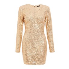 Quiz Ladies Petite Gold Sequin Wrap Front Long Sleeve Dress