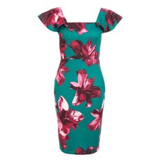 Quiz Ladies Petite Green Floral Print Square Neck Midi Dress - Green