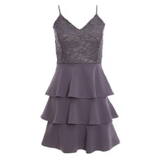 Quiz Ladies Petite Lace V Neck Tiered Skater Dress - Grey