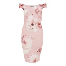 Quiz Ladies Petite Pink Floral Bardot Midi Dress