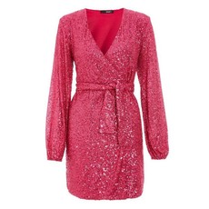 Quiz Ladies Sam Faiers Sequin Wrap Tie Belt Dress - Fuchsia