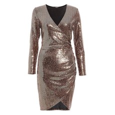 Quiz Ladies Sequin Wrap Long Sleeve Bodycon Dress - Bronze