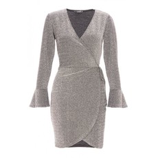 Quiz Ladies Silver Glitter Long Sleeve Frill Wrap Dress - Silver