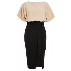 Quiz Ladies Stone & Black Batwing Belted Midi Dress - Beige