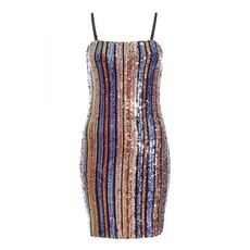 Quiz Ladies Towie Gold Pink & Purple Sequin Stripe Bodycon Dress - Purple