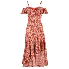 Quiz Ladies Towie Rust & Stone Leopard Cold Shoulder Frill Dress - Rust