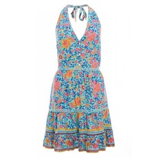 Quiz Ladies Turquoise and Pink Halterneck Floral Skater Dress