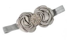 Double Satin Flower with Round Gemstone Centre Headband in Grey Color