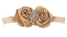 Double Satin Flower with Round Gemstone Centre Headband in Light Brown Color