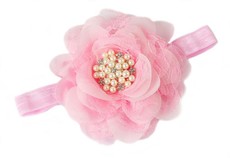 Large Chiffon & Lace Flower Headband with Diamante & Beads in Light Pink