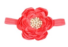 Large Satin Layered Flower with Rhinestone Centre Headband in Coral