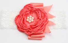 Layered Satin Flower with Pearl Centre on Lace Headband - Coral