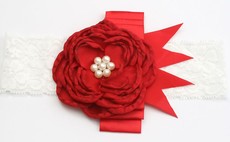 Layered Satin Flower with Pearl Centre on Lace Headband - Red