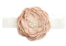 Layered Satin Flower with Pearl Rhinestone on Lace Headband - Beige