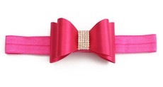 Rhinestone Bows on Satin Elastic Headband - Fuchsia