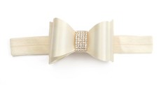 Rhinestone Bows on Satin Elastic Headband - Ivory