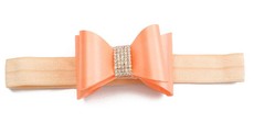 Rhinestone Bows on Satin Elastic Headband - Peach