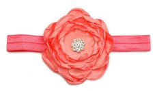 Satin Flower & Rhinestone Headband - Coral