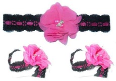 Baby Headbands Girl's Stylish Headband with Matching Baby Barefoot Sandals (Footies) - Black & Hot pink (Size: 0-2 Years)