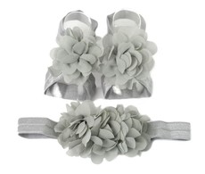 Chiffon Flower Barefoot Sandals & Headband Set in Light Grey