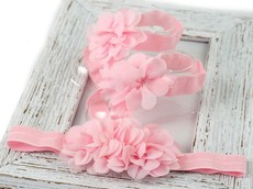 Chiffon Flower Barefoot Sandals & Headband Set in Light Pink