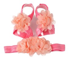 Chiffon Flower Barefoot Sandals & Headband Set in Peach