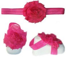 Baby Headbands Girl's Fine Flower Headband with matching Footies (Baby Bare Foot Sandals) - Hot Pink (0 - 2 Years)