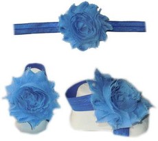 Baby Headbands Girl's Fine Flower Headband with matching Footies (Baby Bare Foot Sandals) - Powder Blue (0 - 2 Years)