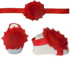 Baby Headbands Girl's Fine Flower Headband with matching Footies (Baby Bare Foot Sandals) - Red (0 - 2 Years)