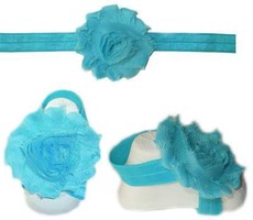 Baby Headbands Girl's Fine Flower Headband with matching Footies (Baby Bare Foot Sandals) - Turqoise (0 - 2 Years)