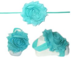 Baby Headbands Girl's Fine Flower Thin Headband with matching Footies (Baby Bare Foot Sandals) - Aqua (0 - 2 Years)