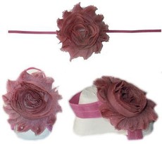 Baby Headbands Girl's Fine Flower Thin Headband with matching Footies (Baby Bare Foot Sandals) - Dusty Pink (0 - 2 Years)