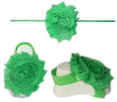 Baby Headbands Girl's Fine Flower Thin Headband with matching Footies (Baby Bare Foot Sandals) - Green (0 - 2 Years)