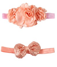 Croshka Designs Set of Two Flowers & Bow Headbands in Peach